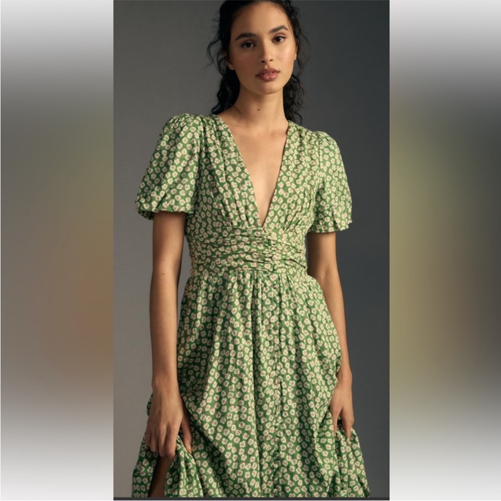 Anthropologie Catalina Button Front Green Floral Midi Dress